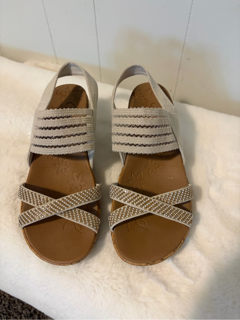 Skechers Women's Beige Crisscross Beaded Slingback Sandals